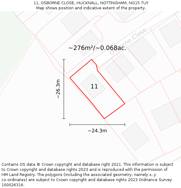 11, OSBORNE CLOSE, HUCKNALL, NOTTINGHAM, NG15 7UY: Plot and title map