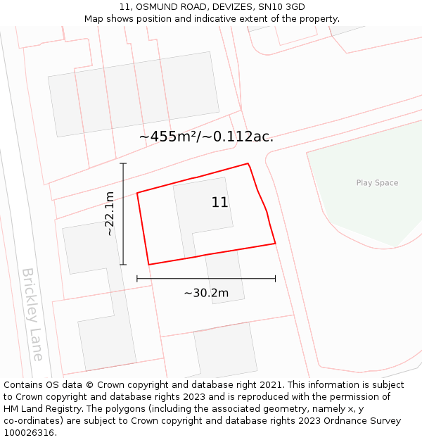 11, OSMUND ROAD, DEVIZES, SN10 3GD: Plot and title map