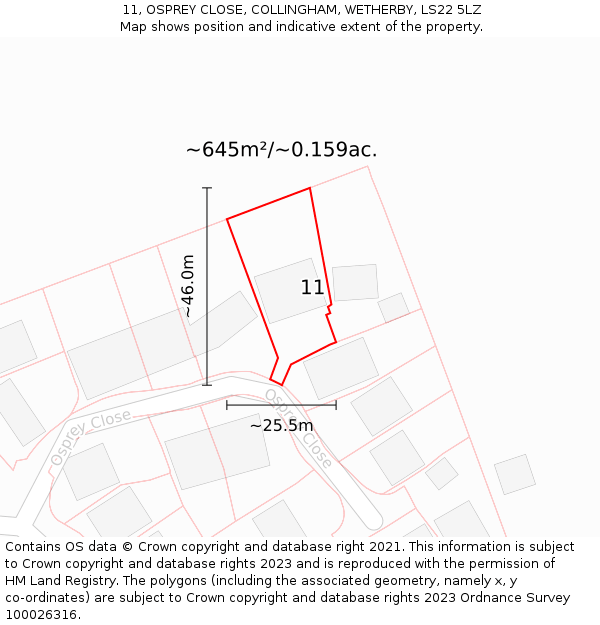 11, OSPREY CLOSE, COLLINGHAM, WETHERBY, LS22 5LZ: Plot and title map