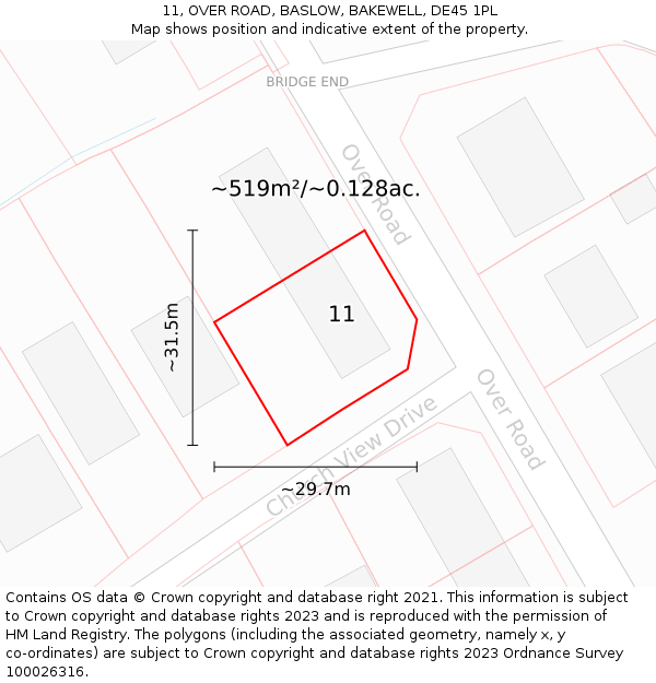 11, OVER ROAD, BASLOW, BAKEWELL, DE45 1PL: Plot and title map
