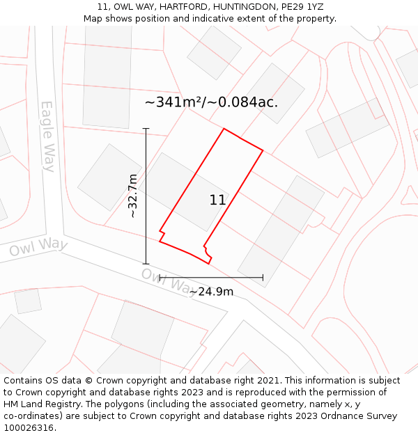 11, OWL WAY, HARTFORD, HUNTINGDON, PE29 1YZ: Plot and title map