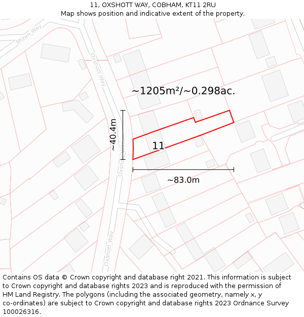 11, OXSHOTT WAY, COBHAM, KT11 2RU: Plot and title map