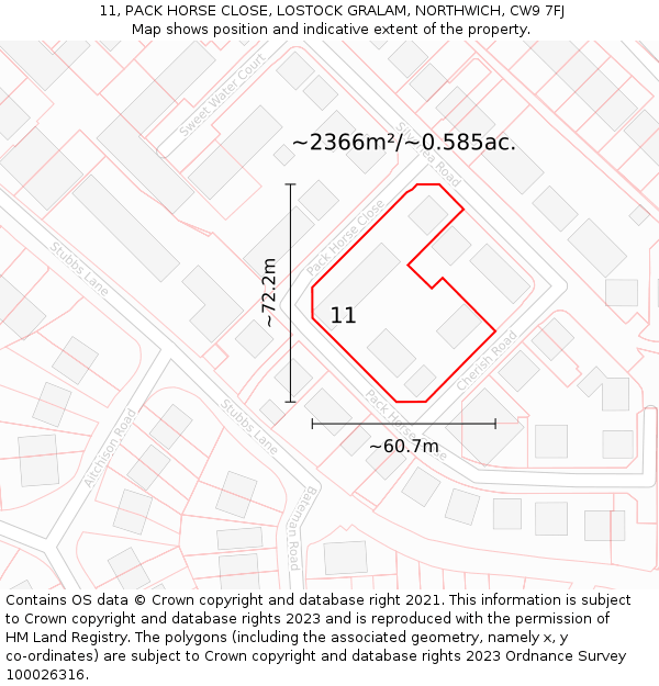 11, PACK HORSE CLOSE, LOSTOCK GRALAM, NORTHWICH, CW9 7FJ: Plot and title map