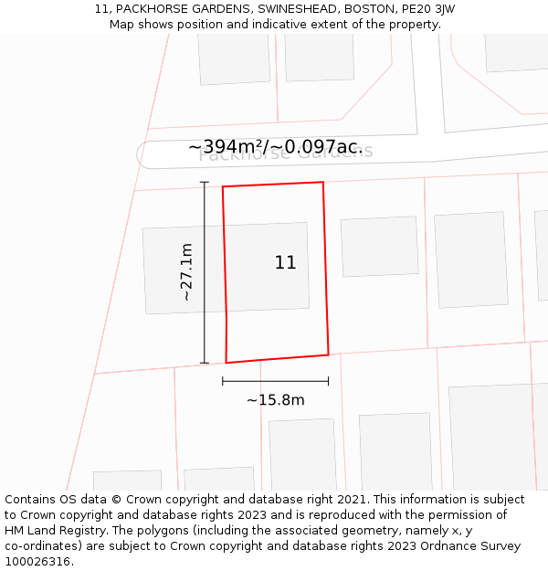 11, PACKHORSE GARDENS, SWINESHEAD, BOSTON, PE20 3JW: Plot and title map