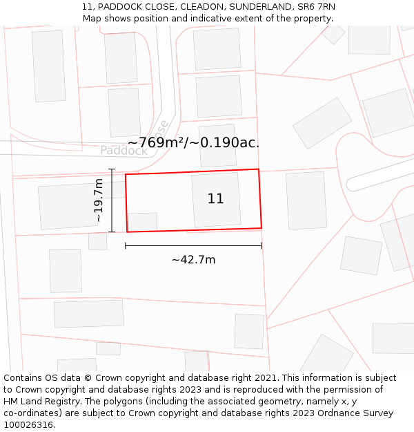 11, PADDOCK CLOSE, CLEADON, SUNDERLAND, SR6 7RN: Plot and title map