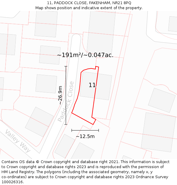 11, PADDOCK CLOSE, FAKENHAM, NR21 8PQ: Plot and title map