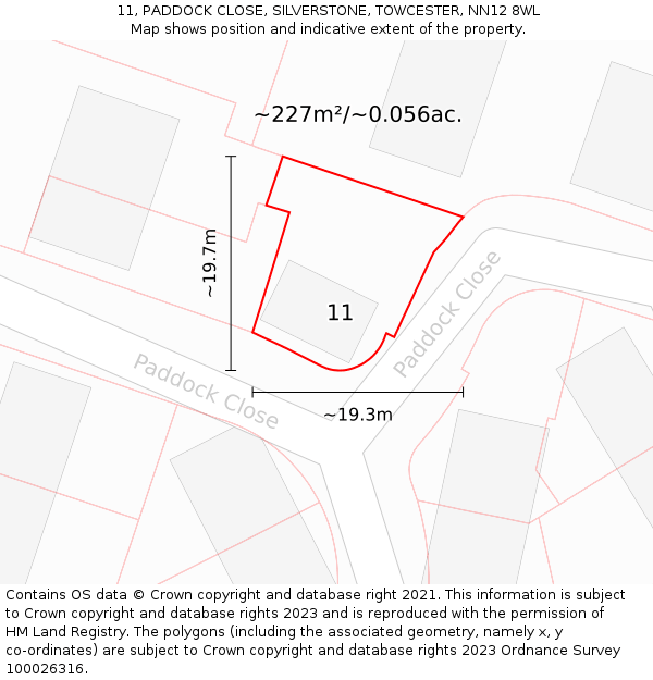 11, PADDOCK CLOSE, SILVERSTONE, TOWCESTER, NN12 8WL: Plot and title map