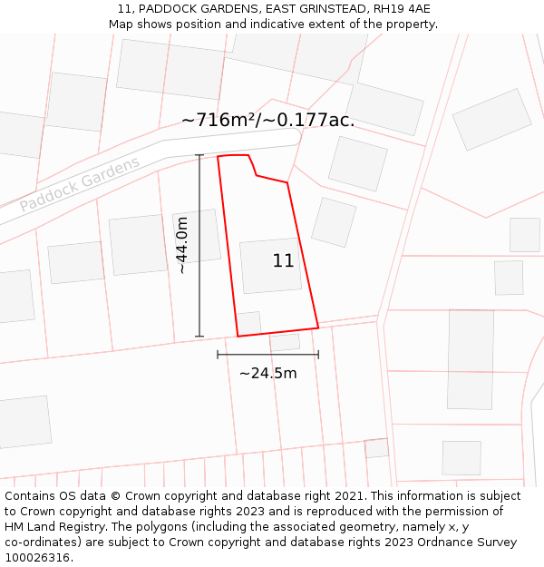 11, PADDOCK GARDENS, EAST GRINSTEAD, RH19 4AE: Plot and title map