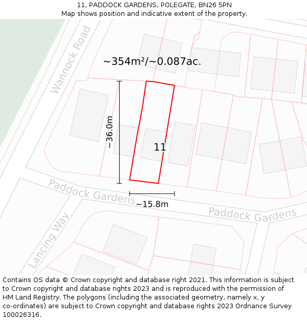 11, PADDOCK GARDENS, POLEGATE, BN26 5PN: Plot and title map