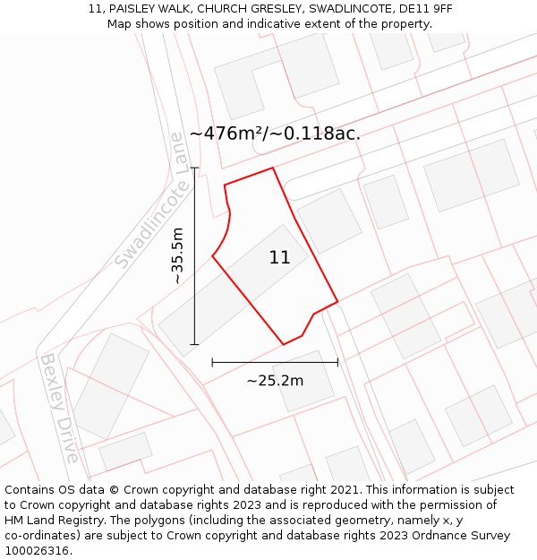 11, PAISLEY WALK, CHURCH GRESLEY, SWADLINCOTE, DE11 9FF: Plot and title map
