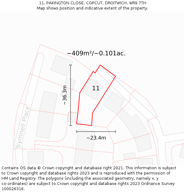 11, PAKINGTON CLOSE, COPCUT, DROITWICH, WR9 7TH: Plot and title map