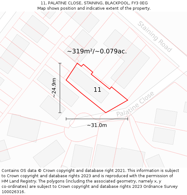 11, PALATINE CLOSE, STAINING, BLACKPOOL, FY3 0EG: Plot and title map