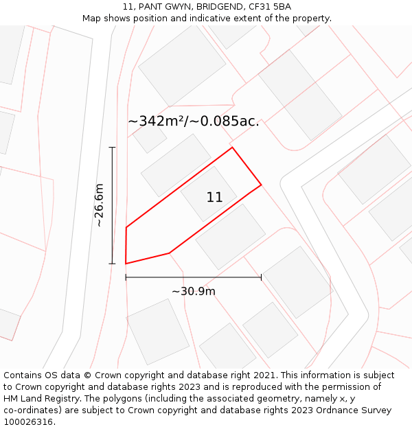 11, PANT GWYN, BRIDGEND, CF31 5BA: Plot and title map