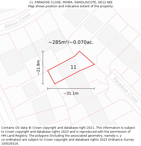 11, PARADISE CLOSE, MOIRA, SWADLINCOTE, DE12 6EE: Plot and title map