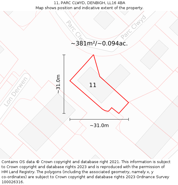 11, PARC CLWYD, DENBIGH, LL16 4BA: Plot and title map