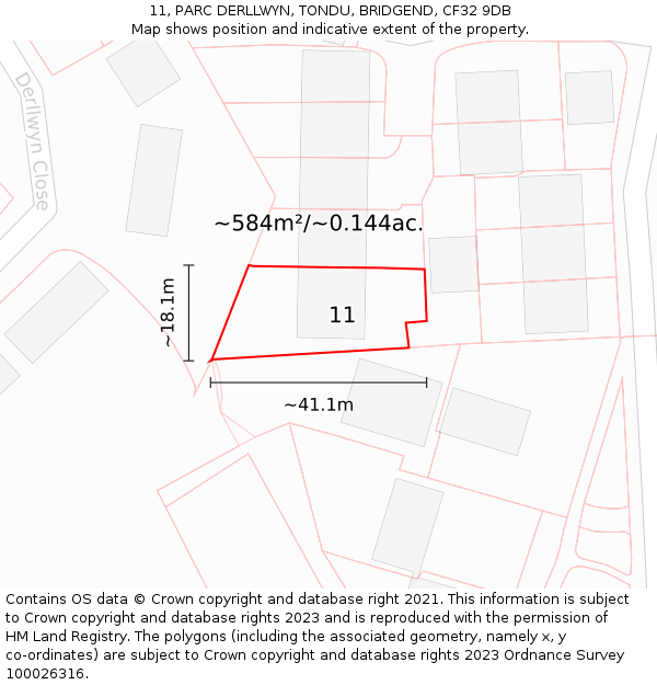 11, PARC DERLLWYN, TONDU, BRIDGEND, CF32 9DB: Plot and title map