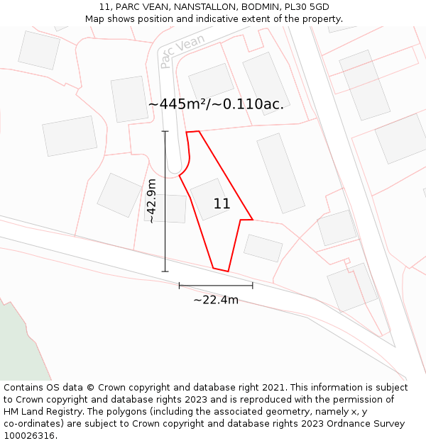 11, PARC VEAN, NANSTALLON, BODMIN, PL30 5GD: Plot and title map