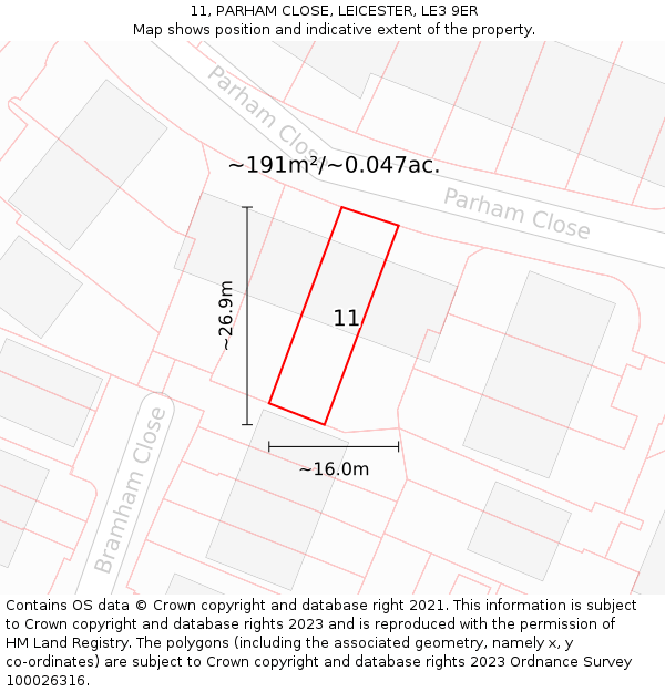 11, PARHAM CLOSE, LEICESTER, LE3 9ER: Plot and title map