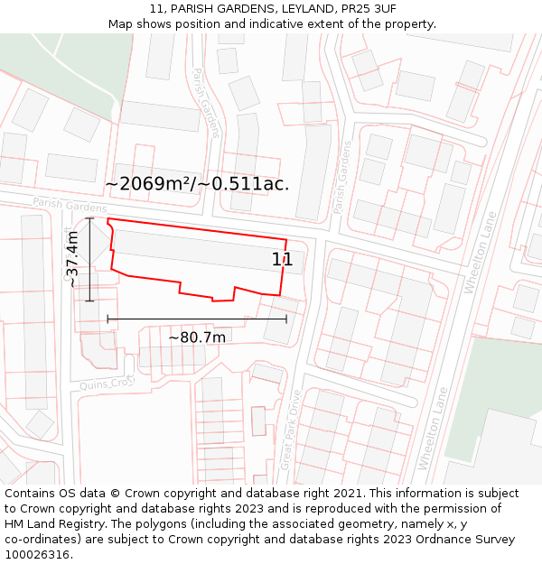 11, PARISH GARDENS, LEYLAND, PR25 3UF: Plot and title map