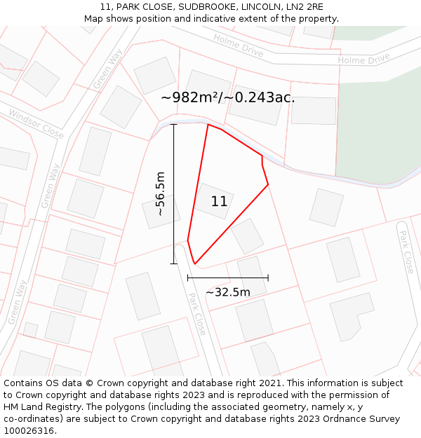 11, PARK CLOSE, SUDBROOKE, LINCOLN, LN2 2RE: Plot and title map