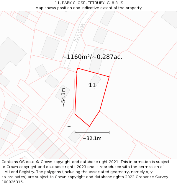 11, PARK CLOSE, TETBURY, GL8 8HS: Plot and title map