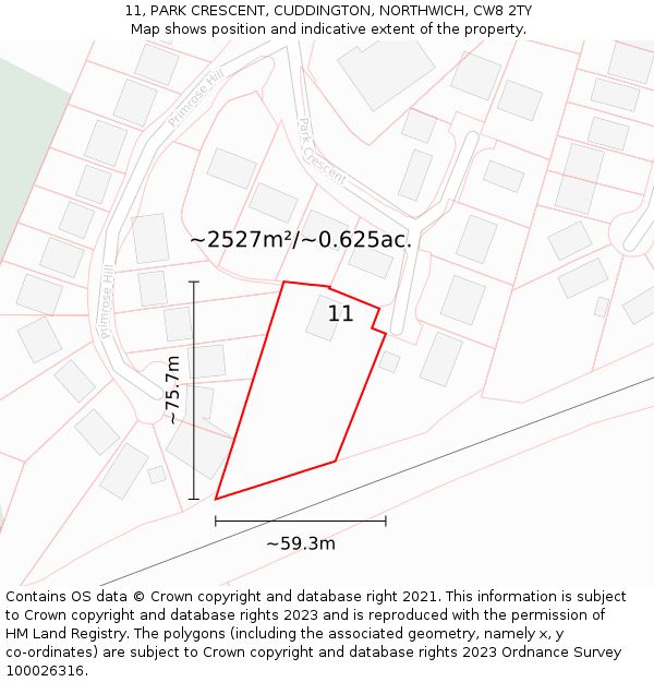 11, PARK CRESCENT, CUDDINGTON, NORTHWICH, CW8 2TY: Plot and title map