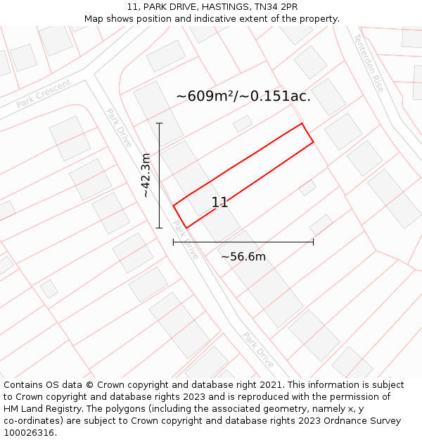 11, PARK DRIVE, HASTINGS, TN34 2PR: Plot and title map