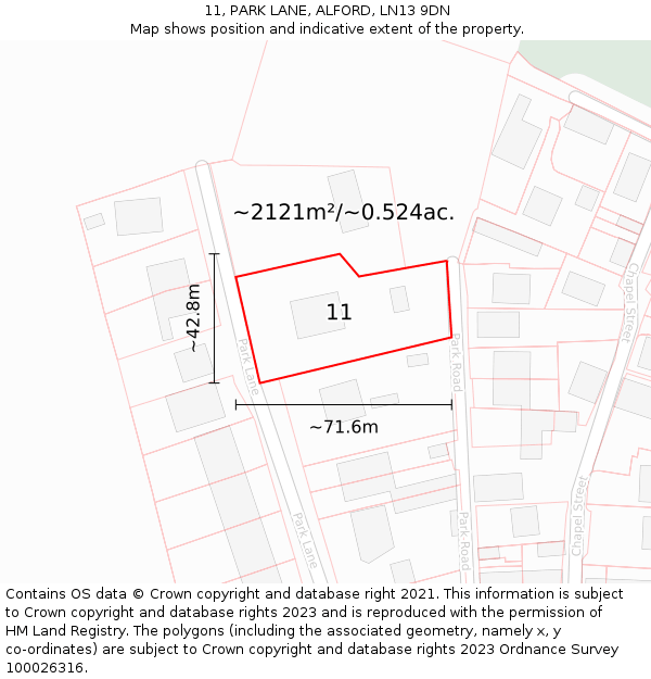 11, PARK LANE, ALFORD, LN13 9DN: Plot and title map
