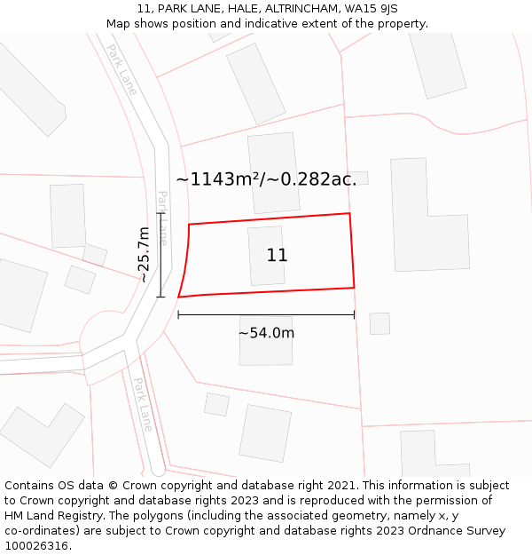 11, PARK LANE, HALE, ALTRINCHAM, WA15 9JS: Plot and title map