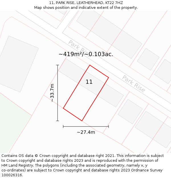 11, PARK RISE, LEATHERHEAD, KT22 7HZ: Plot and title map