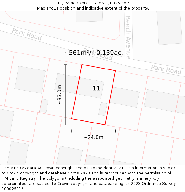 11, PARK ROAD, LEYLAND, PR25 3AP: Plot and title map