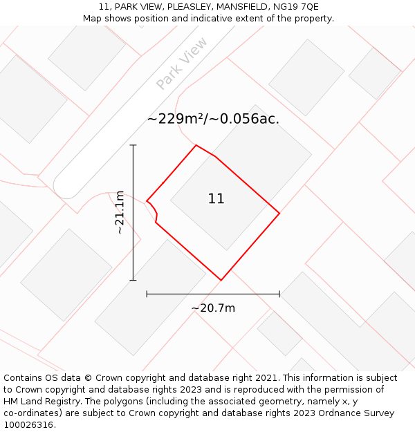 11, PARK VIEW, PLEASLEY, MANSFIELD, NG19 7QE: Plot and title map