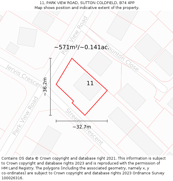 11, PARK VIEW ROAD, SUTTON COLDFIELD, B74 4PP: Plot and title map