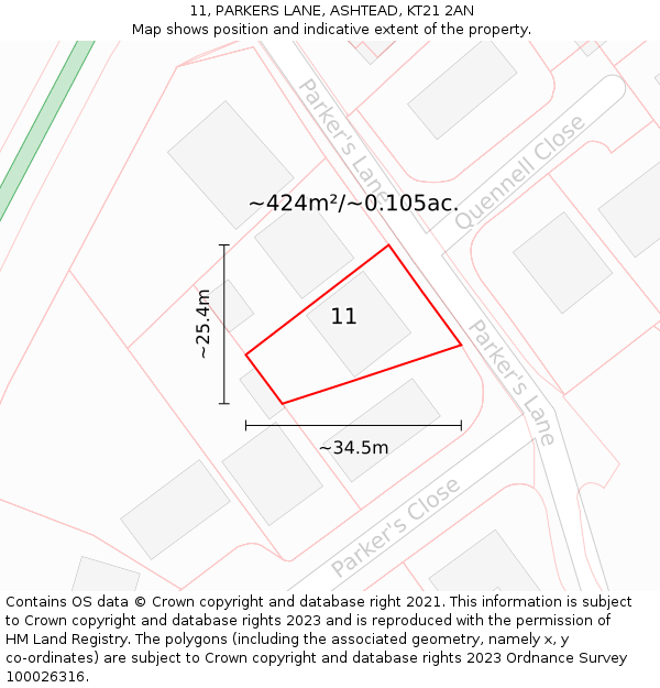 11, PARKERS LANE, ASHTEAD, KT21 2AN: Plot and title map