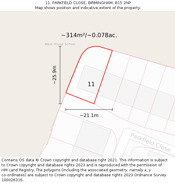 11, PARKFIELD CLOSE, BIRMINGHAM, B15 2NP: Plot and title map