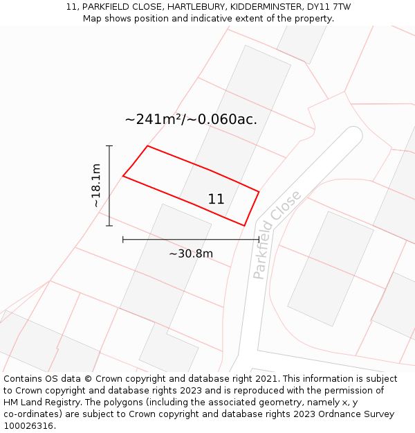 11, PARKFIELD CLOSE, HARTLEBURY, KIDDERMINSTER, DY11 7TW: Plot and title map
