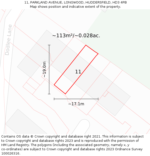 11, PARKLAND AVENUE, LONGWOOD, HUDDERSFIELD, HD3 4PB: Plot and title map