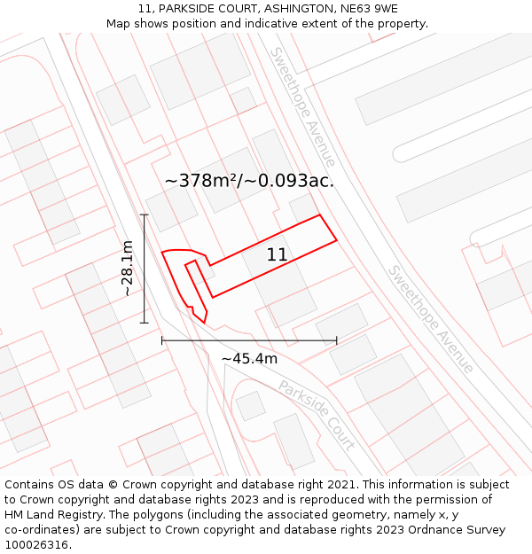 11, PARKSIDE COURT, ASHINGTON, NE63 9WE: Plot and title map