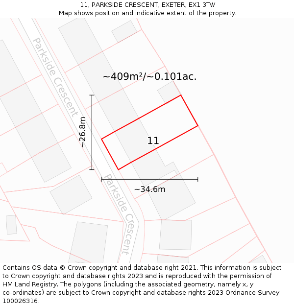 11, PARKSIDE CRESCENT, EXETER, EX1 3TW: Plot and title map