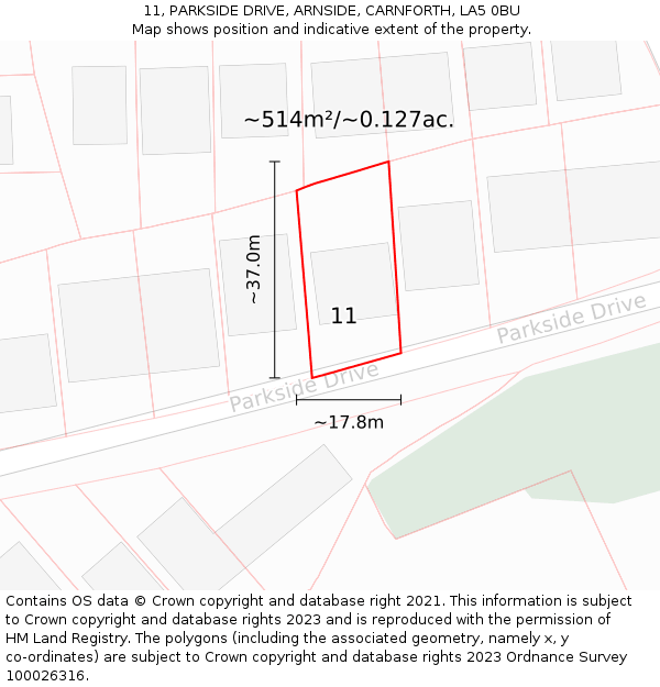 11, PARKSIDE DRIVE, ARNSIDE, CARNFORTH, LA5 0BU: Plot and title map