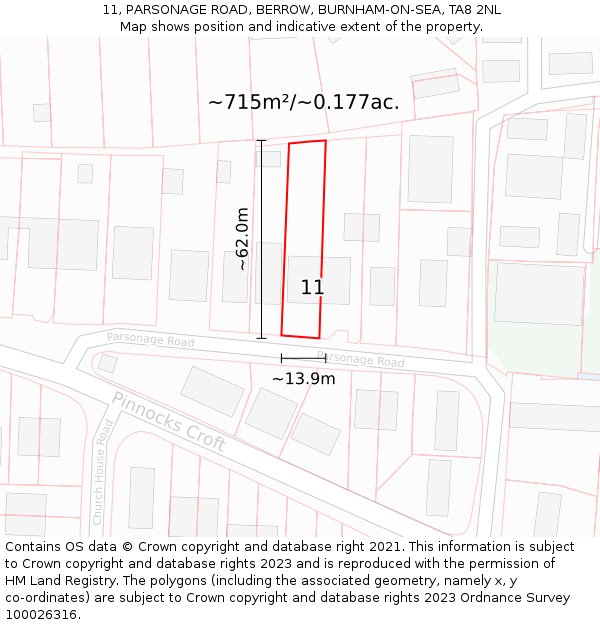 11, PARSONAGE ROAD, BERROW, BURNHAM-ON-SEA, TA8 2NL: Plot and title map