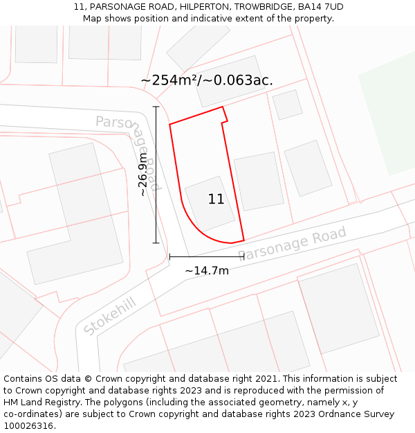 11, PARSONAGE ROAD, HILPERTON, TROWBRIDGE, BA14 7UD: Plot and title map