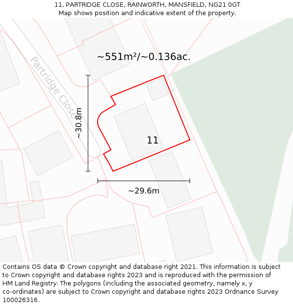 11, PARTRIDGE CLOSE, RAINWORTH, MANSFIELD, NG21 0GT: Plot and title map