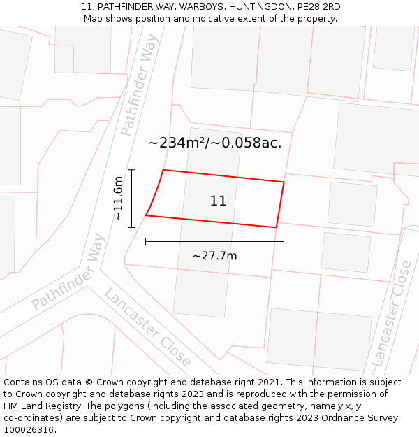 11, PATHFINDER WAY, WARBOYS, HUNTINGDON, PE28 2RD: Plot and title map
