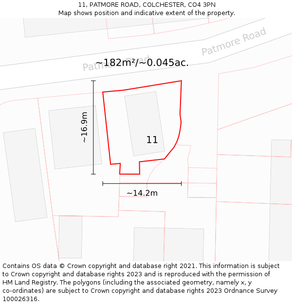 11, PATMORE ROAD, COLCHESTER, CO4 3PN: Plot and title map