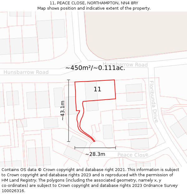 11, PEACE CLOSE, NORTHAMPTON, NN4 8RY: Plot and title map
