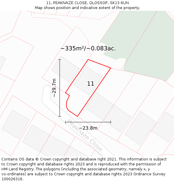 11, PEAKNAZE CLOSE, GLOSSOP, SK13 6UN: Plot and title map