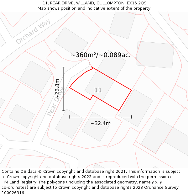 11, PEAR DRIVE, WILLAND, CULLOMPTON, EX15 2QS: Plot and title map