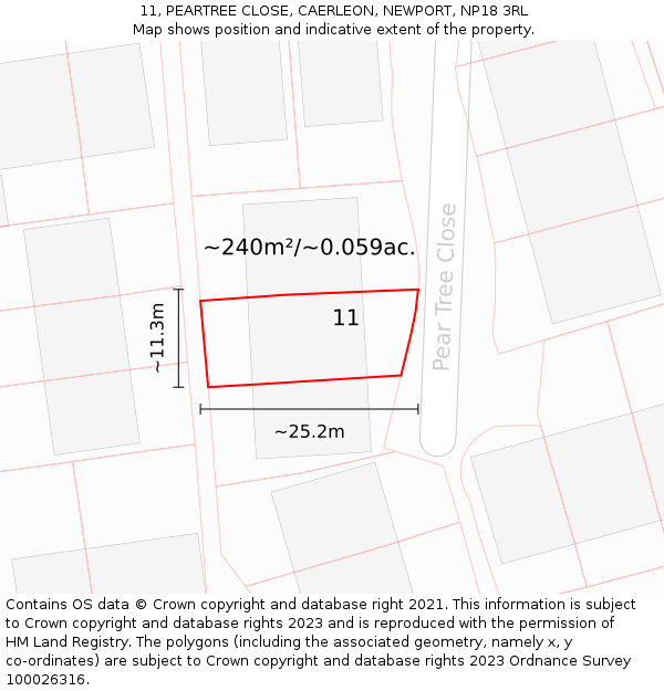11, PEARTREE CLOSE, CAERLEON, NEWPORT, NP18 3RL: Plot and title map