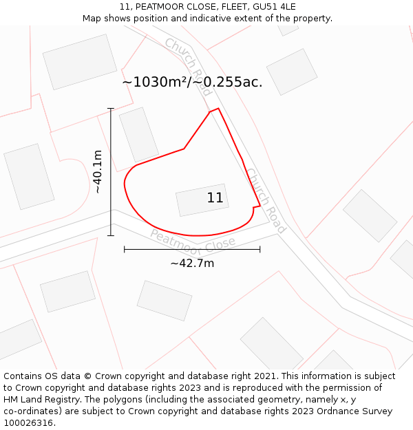 11, PEATMOOR CLOSE, FLEET, GU51 4LE: Plot and title map